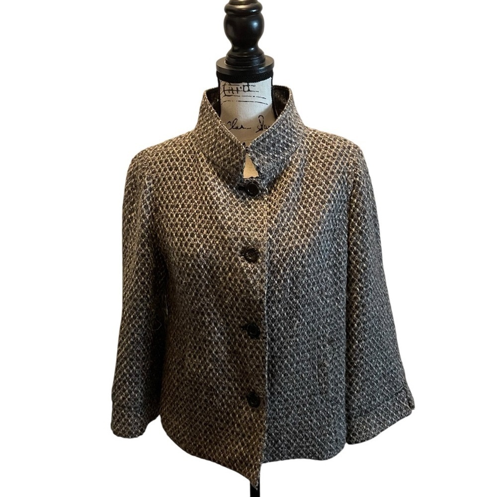 YANSI FUGEL Tweed Wool Alpaca Blazer Jacket Brown Size 8 Texture mock neck women